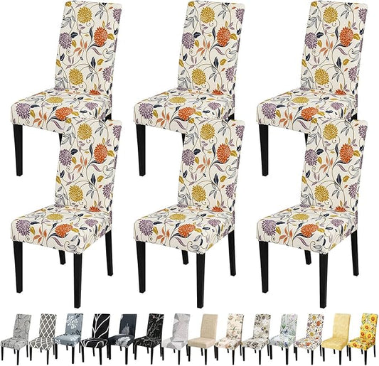 JQinHome Pattern Chair Covers for Dining Room Set of 6, High Stretch Removable Washable Parsons Chair Slipcover for Home Party Hotel Wedding Ceremony (Flower,6PCS)