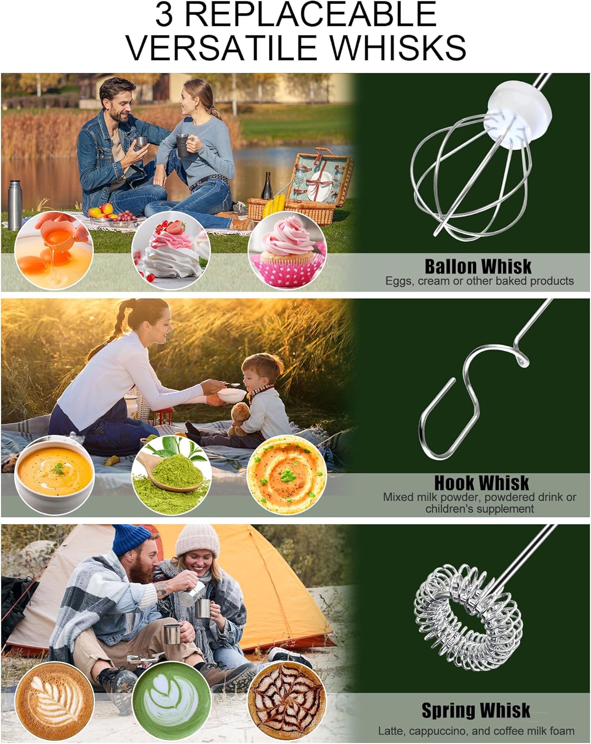 YUSWKO Rechargeable Milk Frother for Coffee, Handheld Drink Mixer with 3 Heads 3 Speeds, Ideal Coffee Frother Wand for Travel - Green