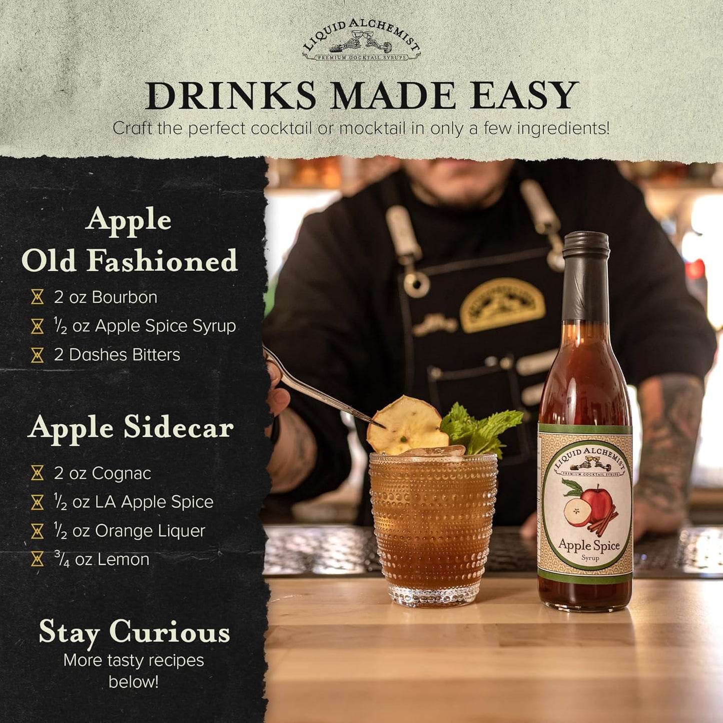 Liquid Alchemist Apple Spice Syrup for Cocktails - Real Ingredients Make our Apple Syrup for Drinks Perfect for a Fall Themed Old Fashioned Mix (12 oz)