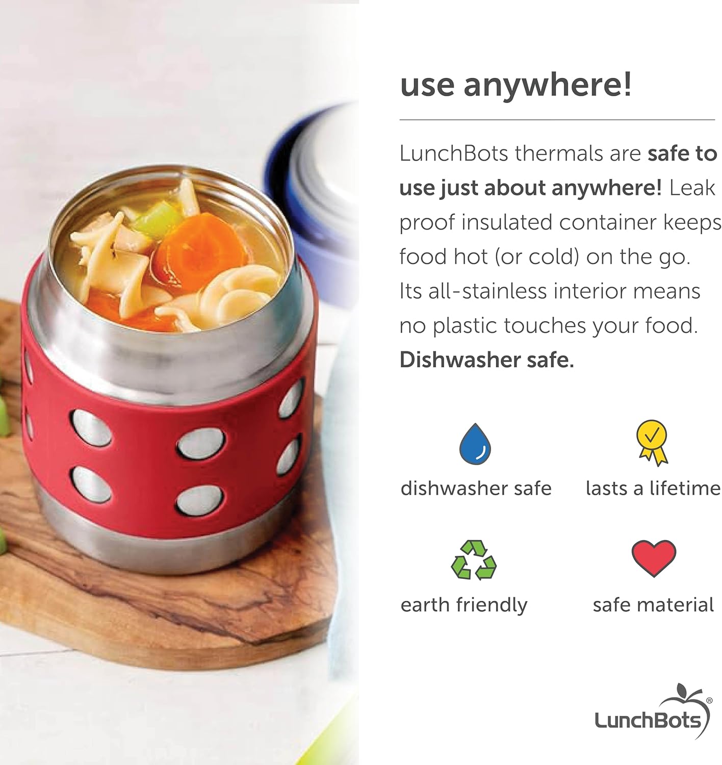 LunchBots Thermal 8 oz Triple Insulated Thermos - Hot 6 Hours or Cold 12 Hours - Leak Proof Thermos Soup Jar - All Stainless Interior - Navy Lid - Red Dots