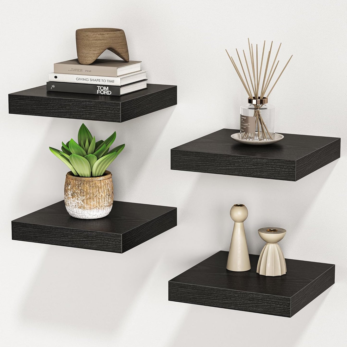 Square Floating Shelves for Wall, 8" W x 8" D x 1.2" H, Small Wooden Wall Mounted Display Shelves with Invisible Brackets for Living Room, Bedroom, Bathroom, Kitchen Decor, Set of 4, Black