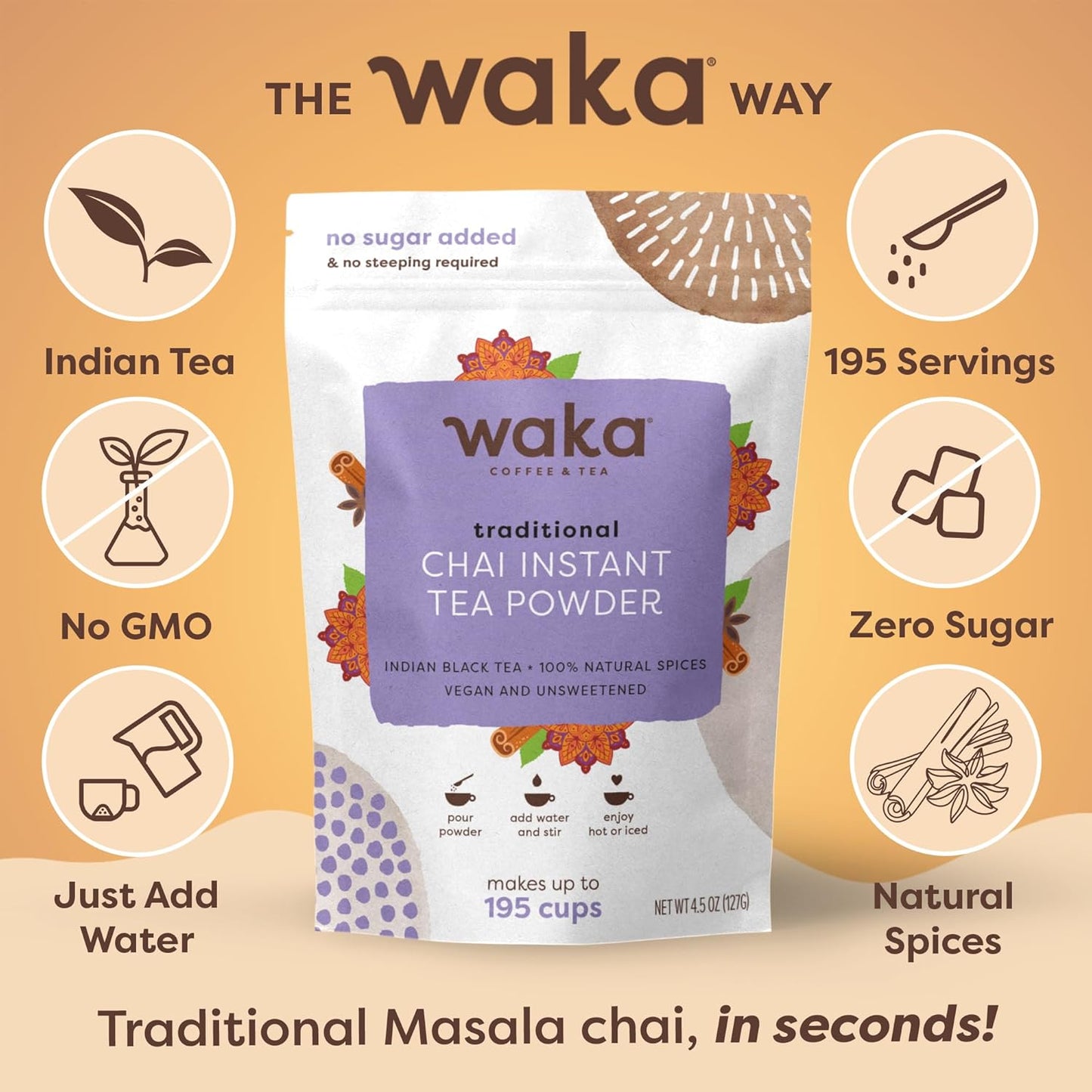 Waka Traditional Chai Tea Powder Mix - Chai Tea Concentrate Sugar Free. Pure Leaves from India, Natural Spices, Unsweetened, No Additives (4.5oz Pouch, 195 Servings)