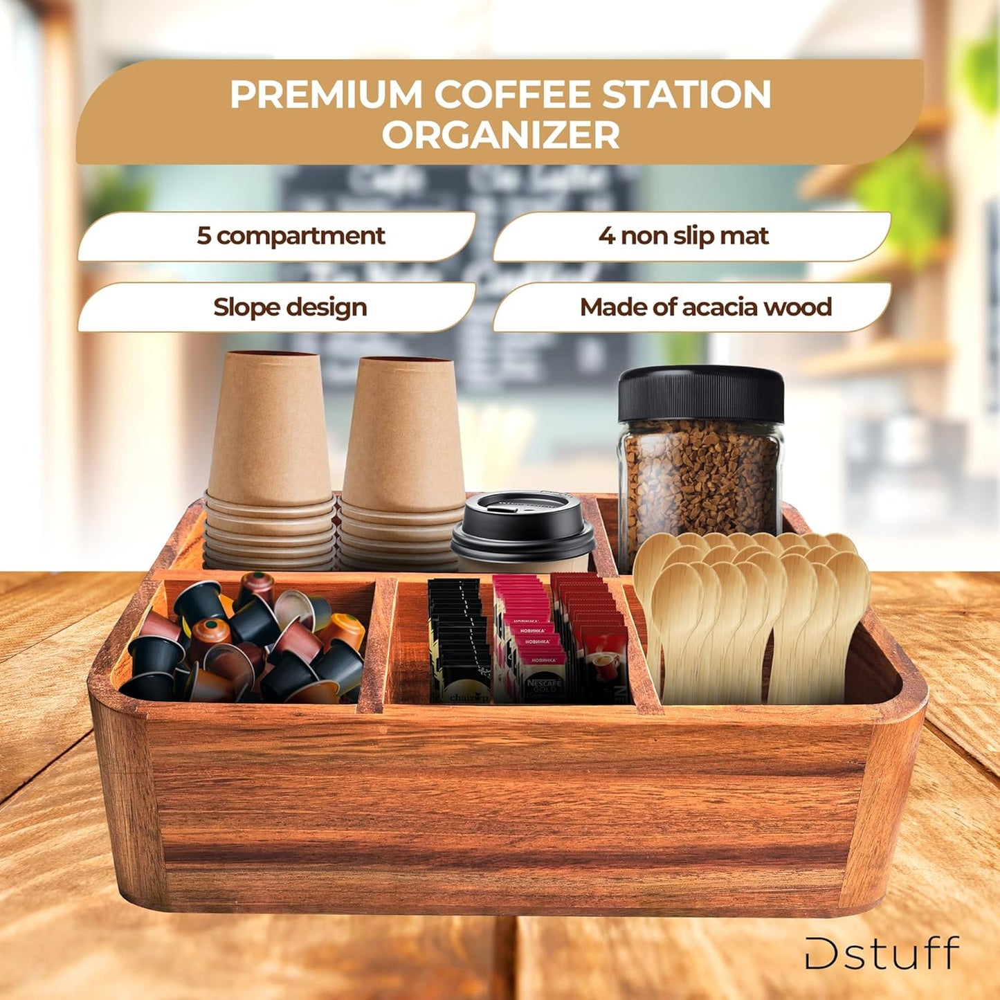 Dstuff Acacia Wood Coffee Station Organizer for Countertop, Tea Organizer and Holder, Coffee Bar Caddy with Multiple Compartments for Home and Office Decor