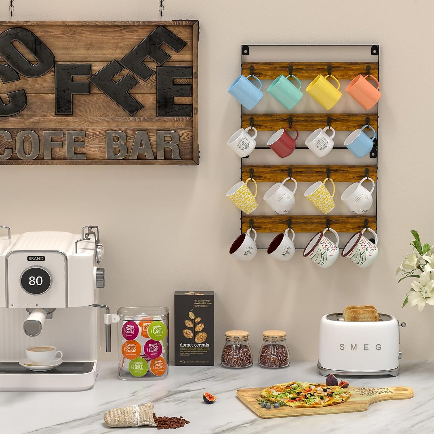 Coffee Mug Holder Rack Organizer - Wall Mounted Rack to Hold Up to 16 Mugs (2Pack), Rustic Wood Cup Organizer Rack & Display Shelf for Kitchen, Coffee Bar, Home, Office