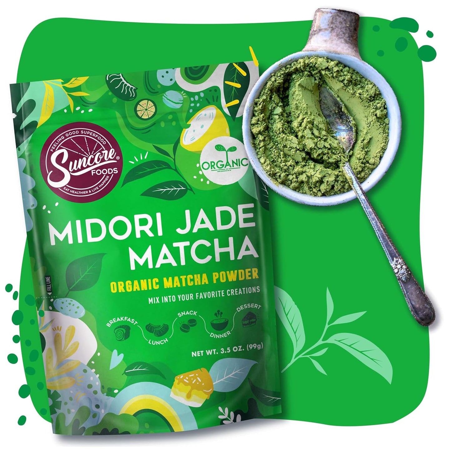 Suncore Foods Organic Midori Jade Matcha Powder, Green Food Coloring Powder, Gluten-Free, Non-GMO, 3.5oz (1 Pack)