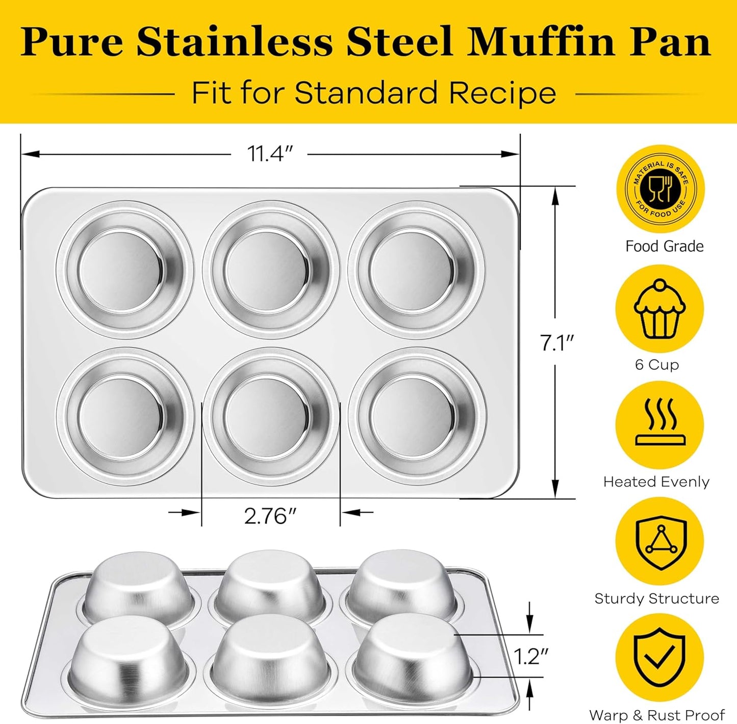 Homikit 1 Pack Muffin Pan, Stainless Steel Cupcake Tin with 6 Cups Regular Size, Thick Metal Egg Bites Bakeware for Oven Baking, Rust Free & Non Toxic, Also Be Snack Tray for Kids, Dishwasher Safe