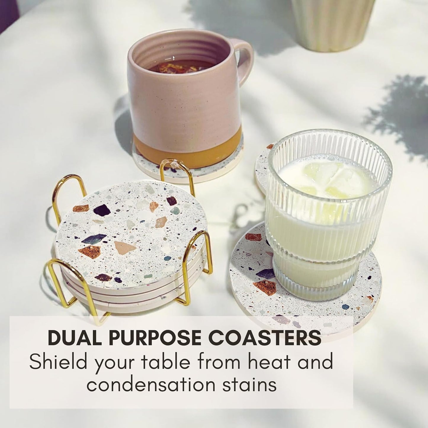 Terrazzo Drink Absorbent Coasters with Holder Set of 6, Ceramic Coaster for Drinks, Coffee Table Decor, Water Absorbing Stone Coaster for Drinks (Granite)