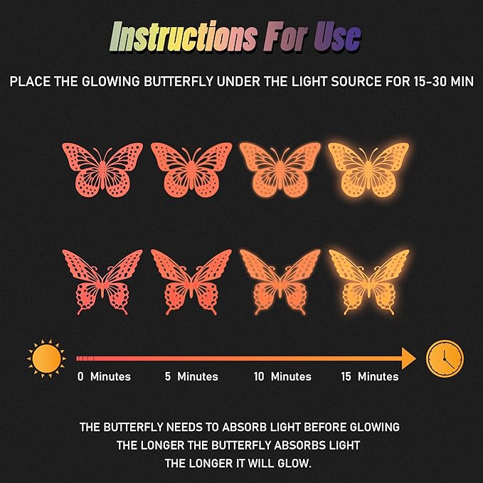 SAOROPEB Glow in The Dark 3D Butterfly 24 Pcs 3 Sizes, Luminous Butterfly Stickers for Ceiling or Wall, Glow in The Dark Party Supplies, Removable Luminous Stickers for Kids Babys Nursery (Orange)