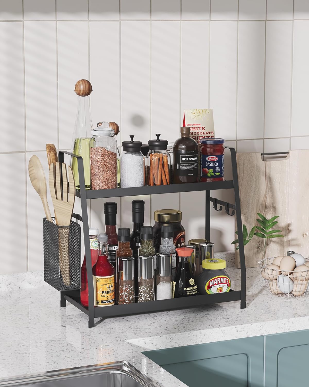 OROPY 2 Tier Spice Rack for Countertop, Metal Standing Kitchen Storage Organizer Shelf, Counter Shelf for Cabinet,Pantry,Bathroom,Bedroom, with Hanging Basket