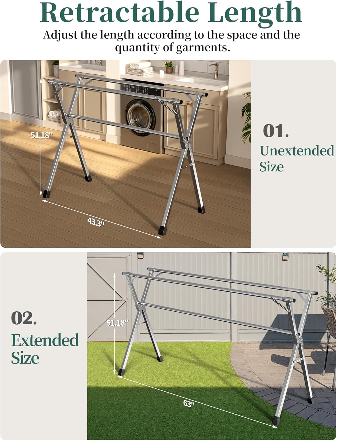 63 Inches Heavy - Duty Stainless Steel Folding Clothes Drying Rack Indoor Outdoor Anti-Rust 20 Windproof Hooks Portable & Foldable Laundry Rack (63'')