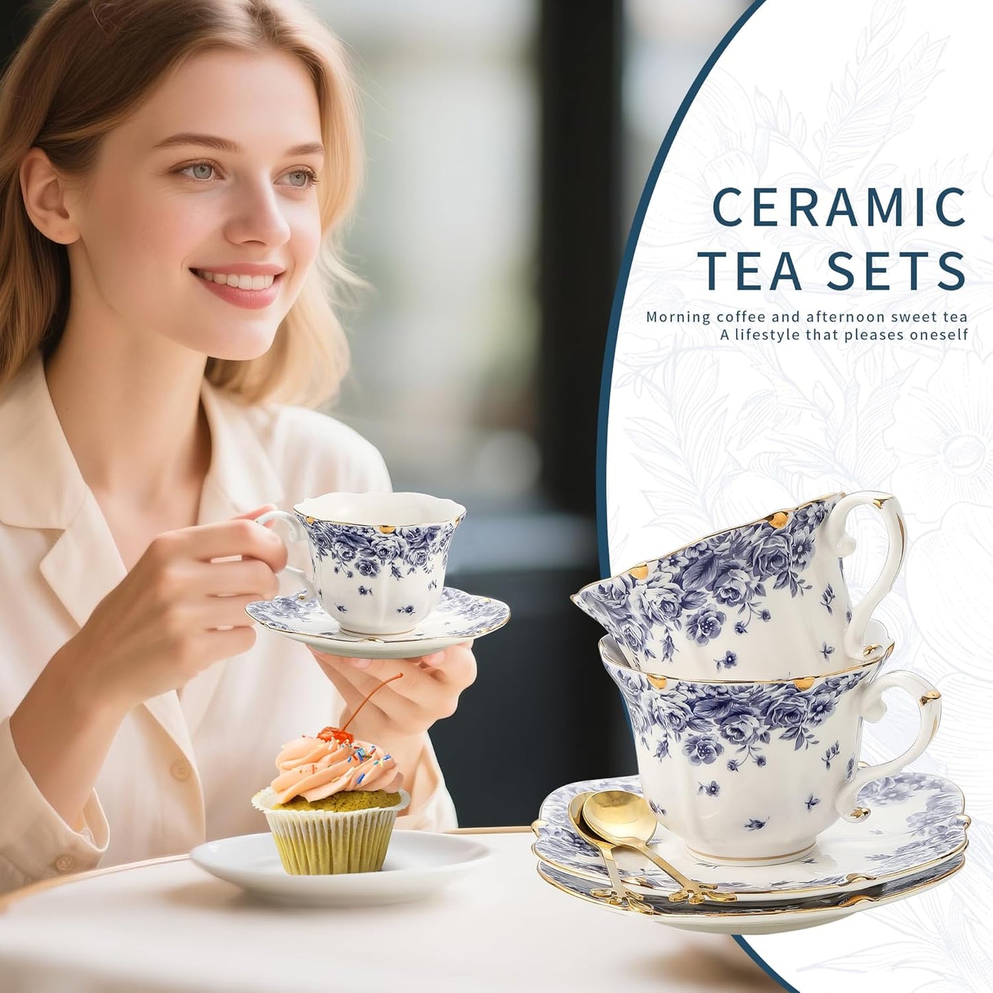 TATSUMI Country Roses Bone China Tea Cup and Saucer Set, 6 Pieces, Vintage Style, For Women and Tea Parties（sky blue，2 sets）