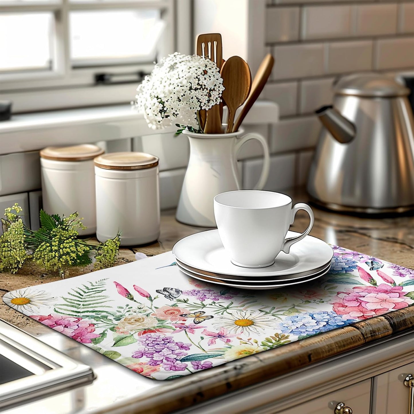 Spring Floral Birds Dish Drying Mat Summer Butterfly Flowers Kitchen Dish Drying Pad Daisy Absorbent Dish Dryer Mat for Kitchen Countertops Microfiber Dishes Drainer Pad (18x24 in)