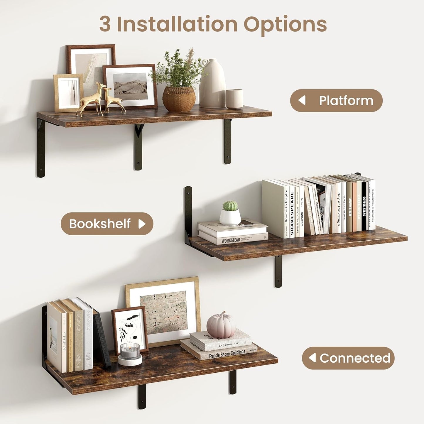 Fun Memories Rustic Brown 12 Inch Deep Floating Shelves Set of 2, Wall Mounted Shelf with Metal Brackets, Rustic Wood Wall Shelf for Bathroom, Kitchen and Living Room