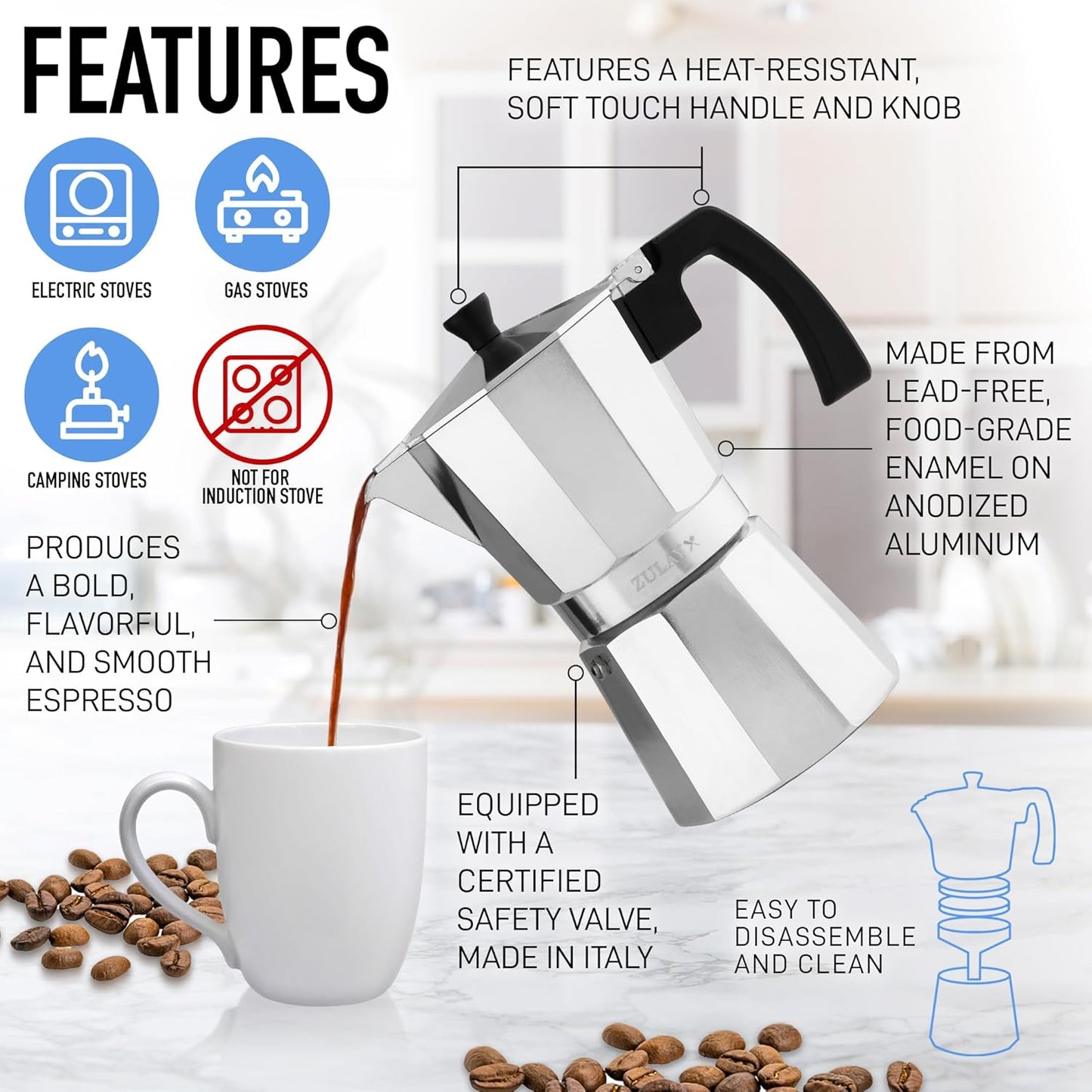 Zulay Moka Pot Espresso Stovetop Coffee Maker - Leak-Proof, aluminum, Easy to Clean, Heat Resistant Handle & Knob - for Authentic Cuban & Italian Style Espresso - Makes 6 Espresso Cups - Silver