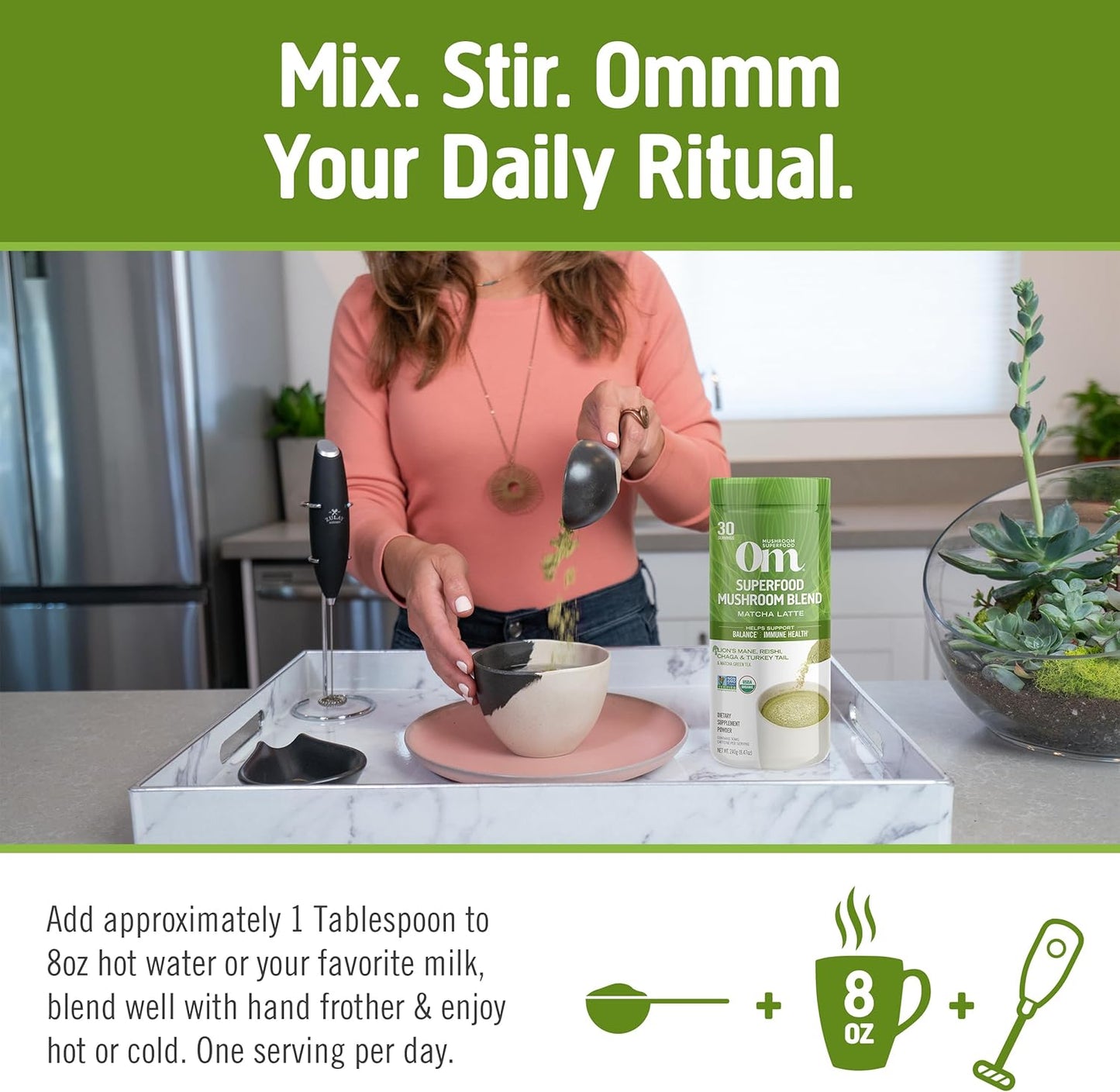 Om Mushroom Superfood Matcha Latte Blend Mushroom Powder, 8.47 Ounce Canister, 30 Servings, Green Tea, Lion's Mane, Reishi, Chaga, Turkey Tail, Focus & Stress Support Supplement