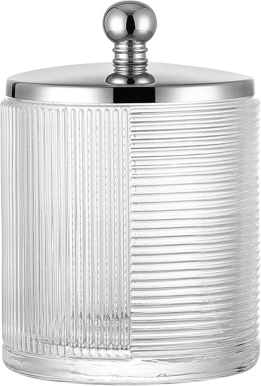 Glass Cotton Jar Holder Silver Lid, Elegant Bathroom Storage Canister for Qtips, Cotton Balls, Floss, Makeup Organizer, Vanity Bathroom Organization