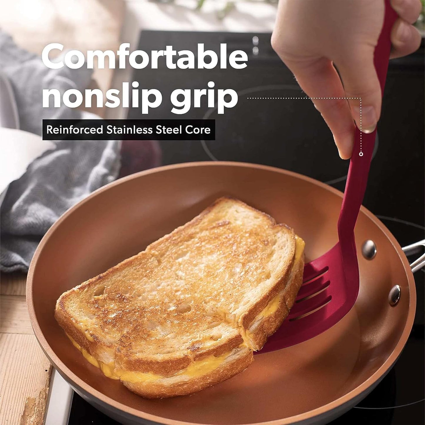 New DI ORO Seamless Series Moda 4-Piece Silicone Turner Spatula Set - 600°F Heat-Resistant Flexible Kitchen Spatulas for Nonstick Cookware - Flippers for Eggs & Pancakes - Utensils for Cooking (Red)