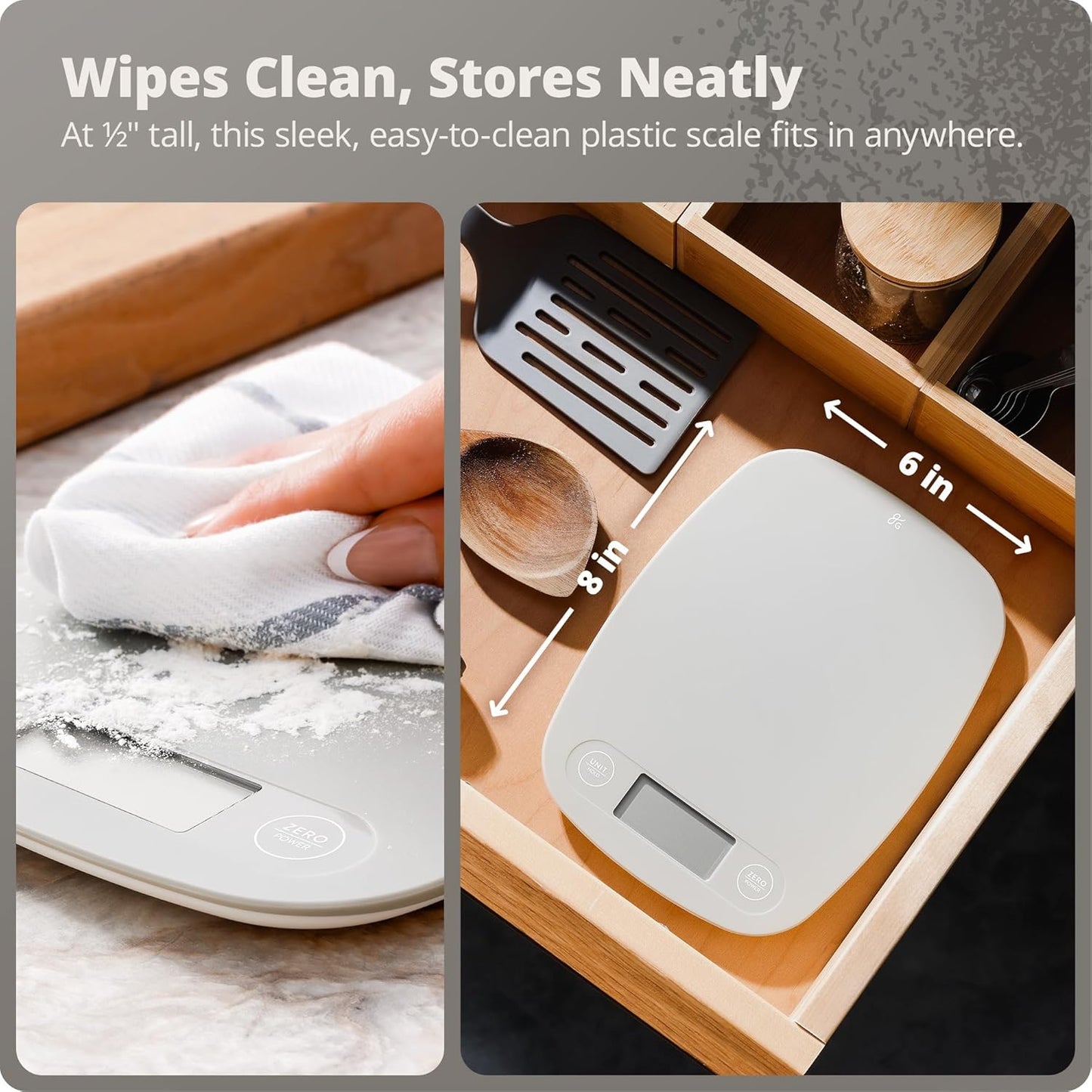 Greater Goods Slim Digital Kitchen Scale 11lb/5kg – Compact Food Scale with 1g Increments for Everyday Cooking, Baking & Meal-Prep, Lightweight Plastic Design, Non-Backlit Display, Battery Included