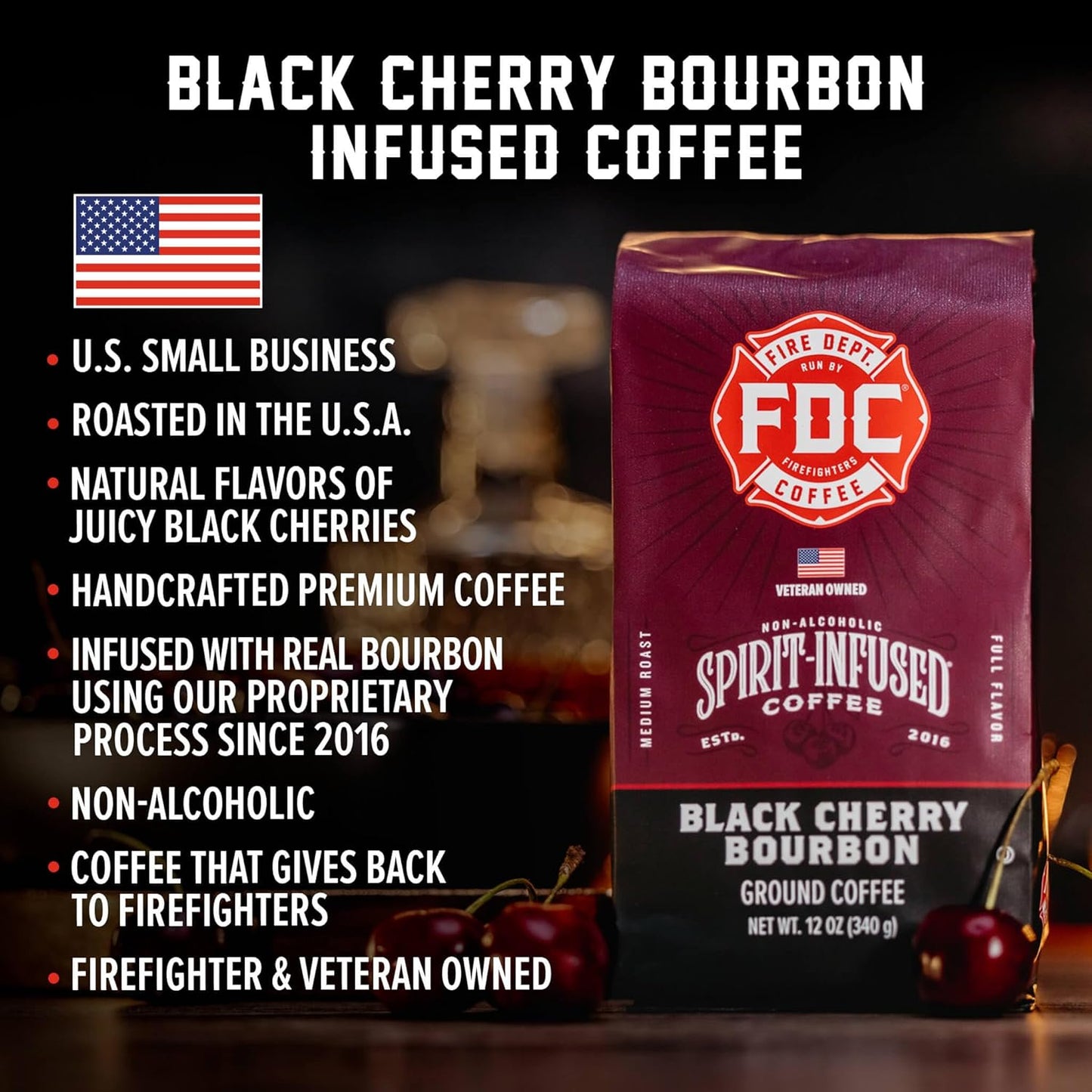 Fire Department Coffee - Black Cherry Bourbon Coffee - Gives Back to Firefighters - Premium Bourbon Infused Ground - Non-Alcoholic - Roasted in the USA - Veteran Owned - 12 oz