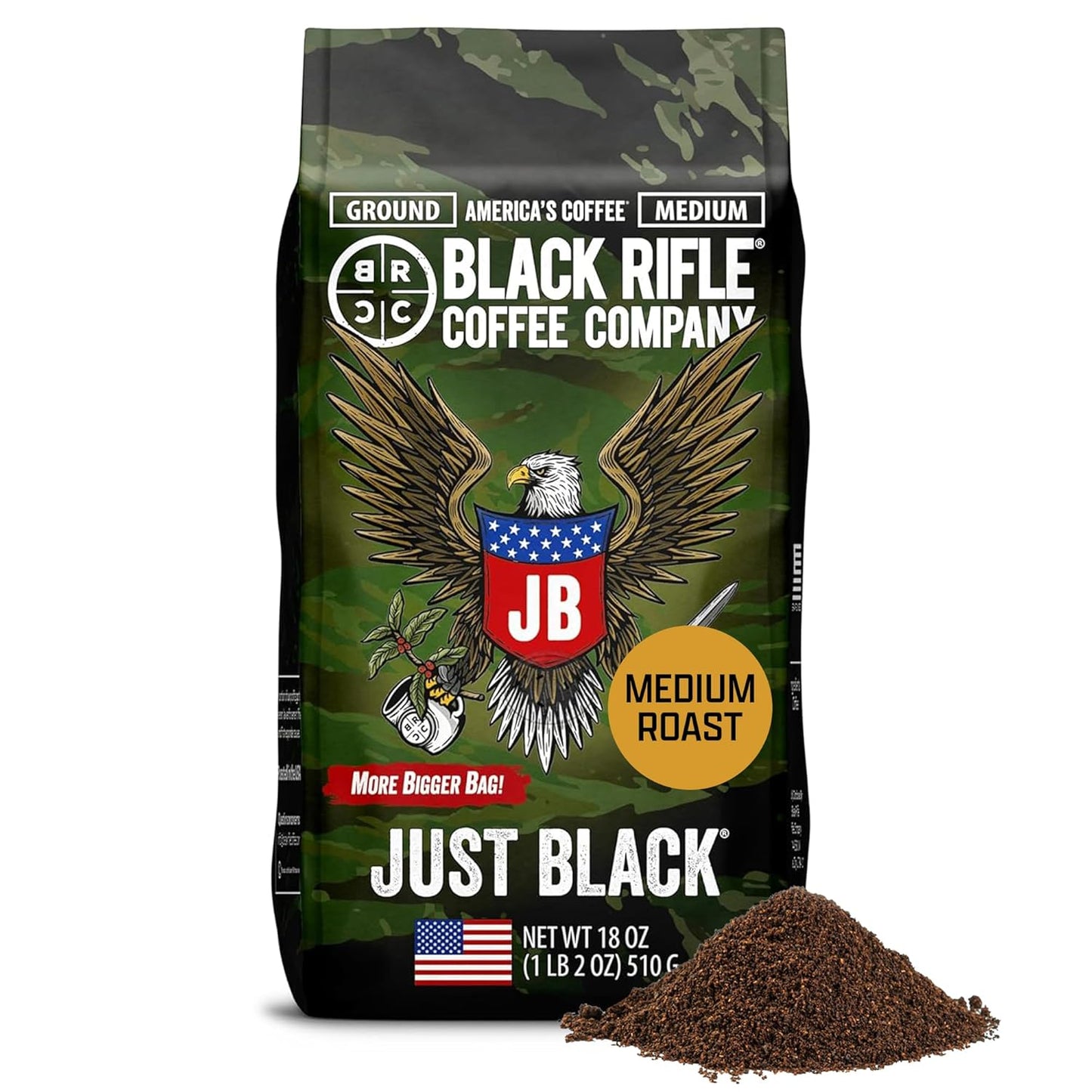 Black Rifle Coffee Company Ground Coffee Medium Roast - Roasted Blend Made from Pure Arabica Beans - Colombian & Brazilian Beans - Veteran Founded & American Made (Just Black, 18oz Bag)