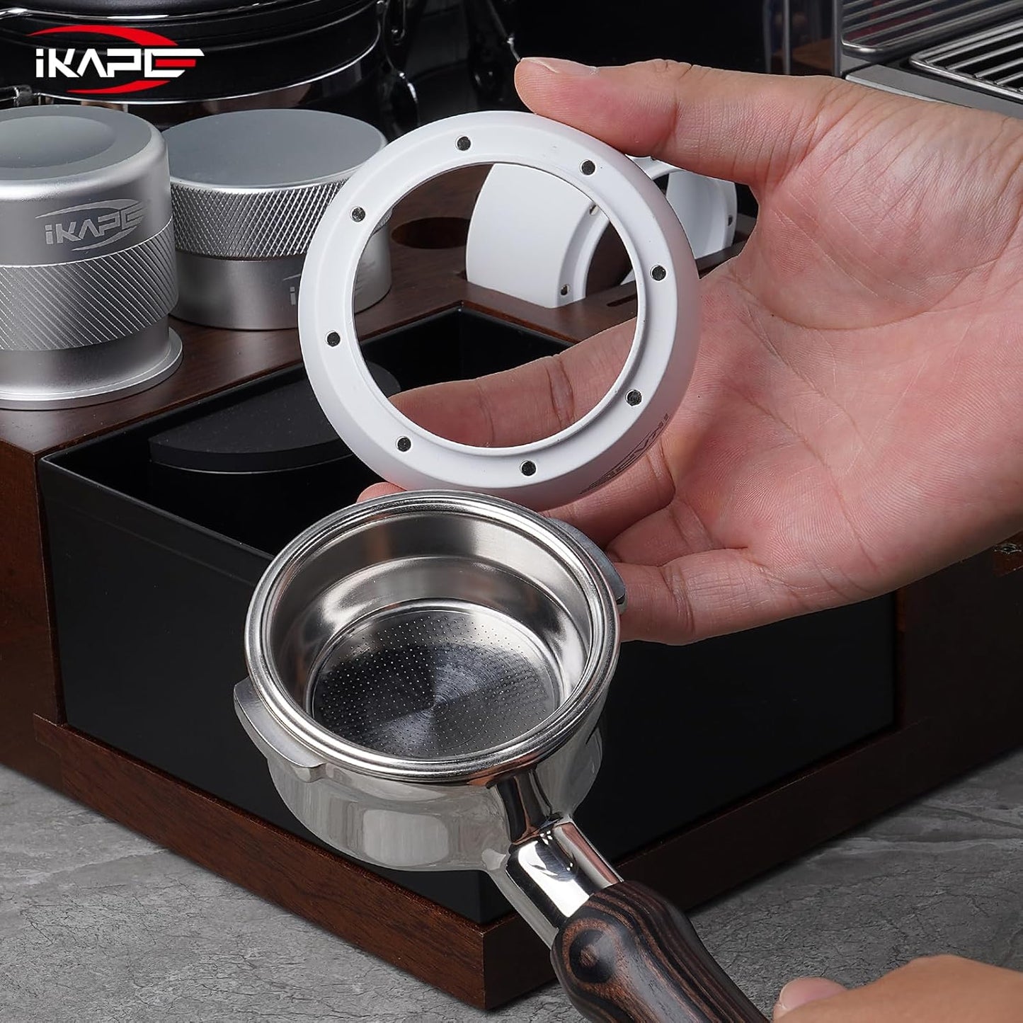 IKAPE Magnetic Dosing Funnel Set, 58MM Espresso Dosing Ring & Puck Screen Kit Compatible with 58MM Bottomless Portafilter - with 10 Small Magnet (White)