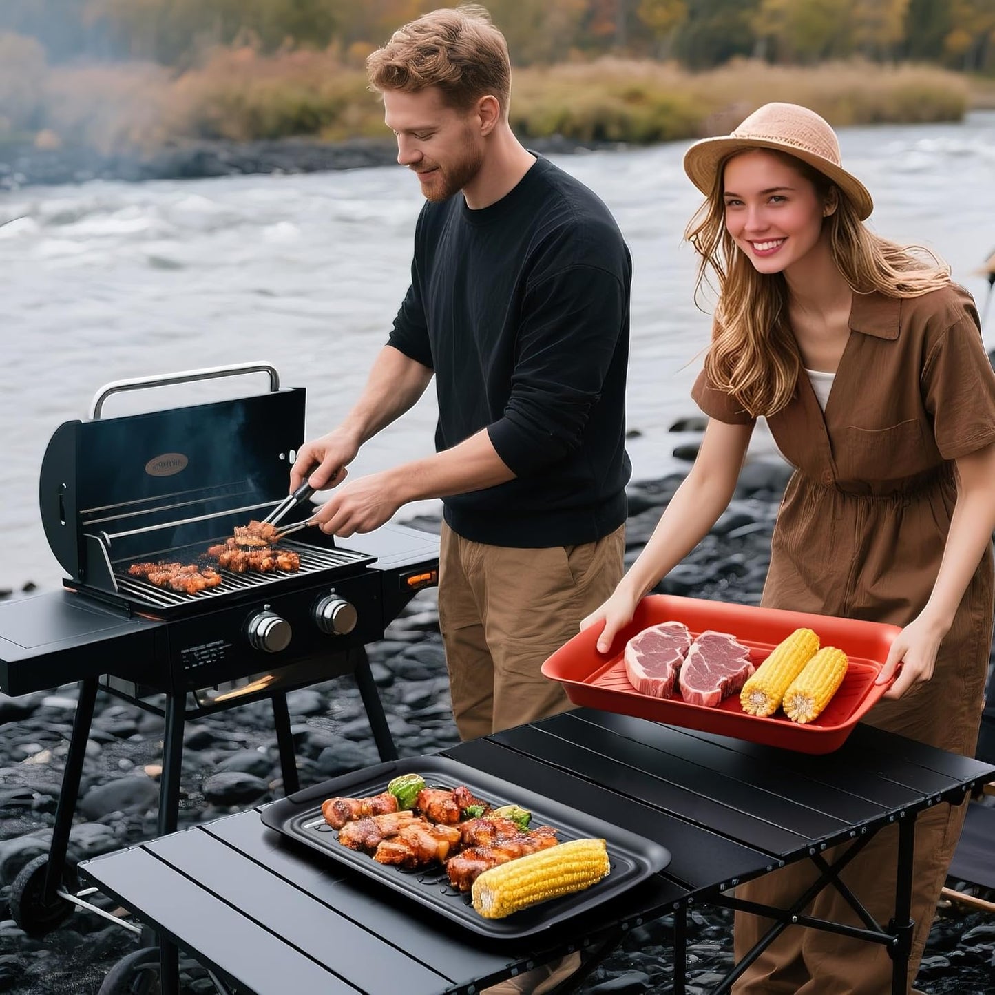 TP Grill Prep and Serving Tray, Deep BBQ Tray for Meat Marinating and Food Plating, Melamine Serving Platters Set of 2, Black and Red