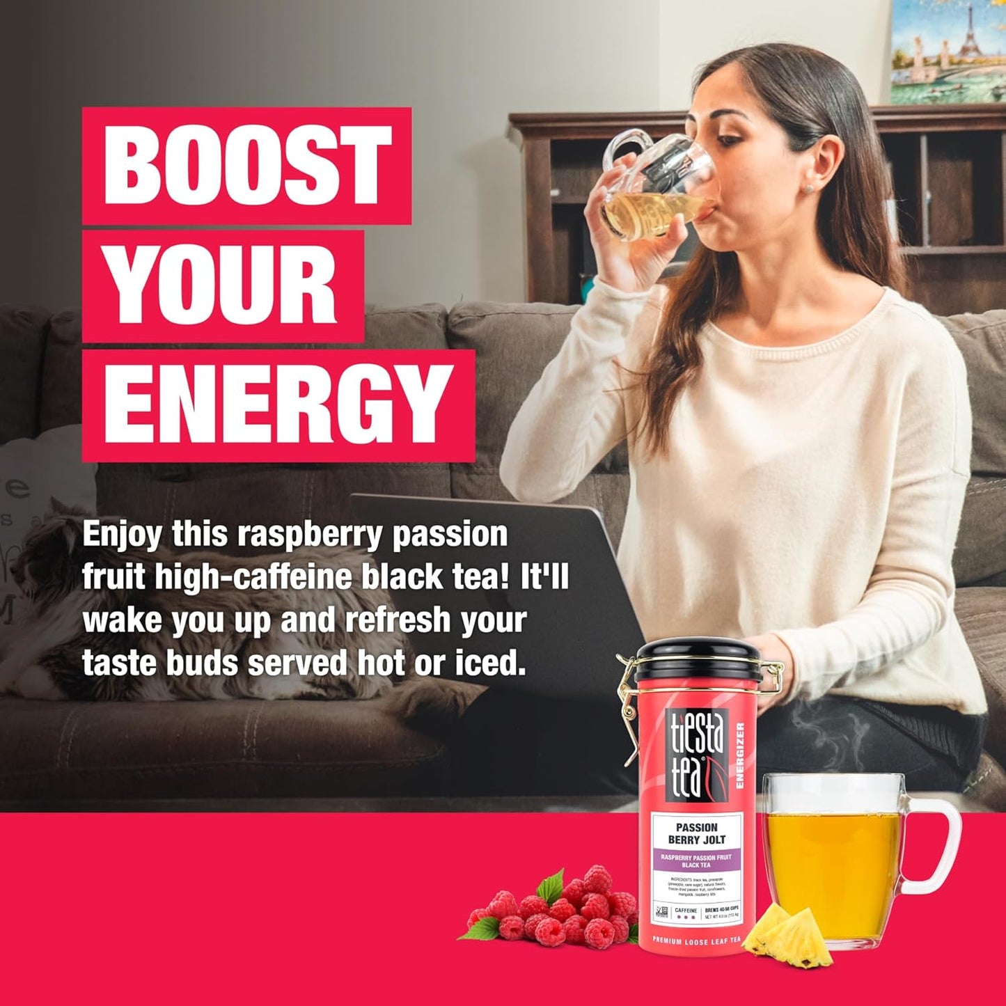 Tiesta Tea - Passion Berry Jolt, Loose Leaf, Raspberry Passion Fruit Black Tea, Premium Caffeinated Blend, Make Hot or Iced & Brews Up to 50 Cups, 4oz Refillable Tin