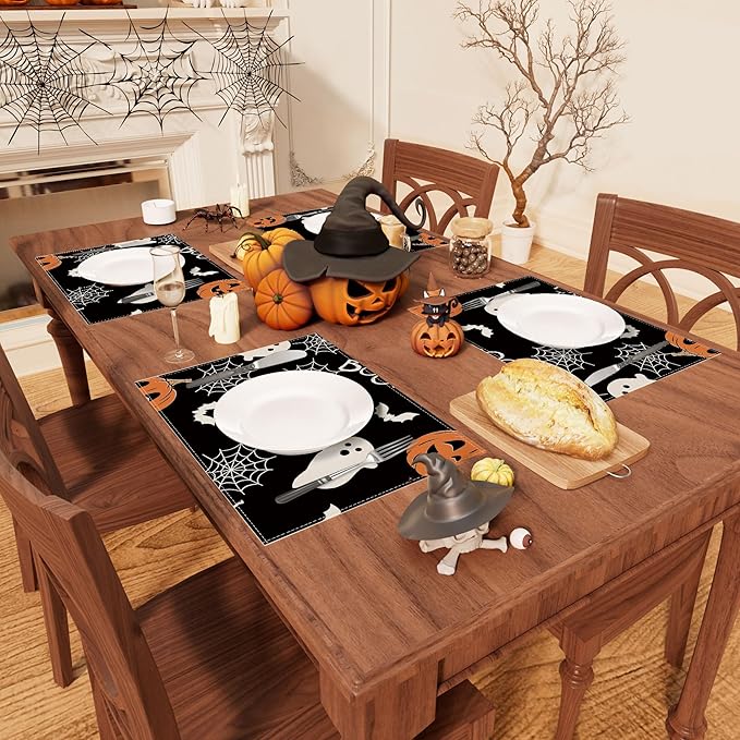 XCHI Boo Spooky Ghost Pumpkin Halloween Placemats Set of 4 Table Mats Table Decorations 12x18 Inch