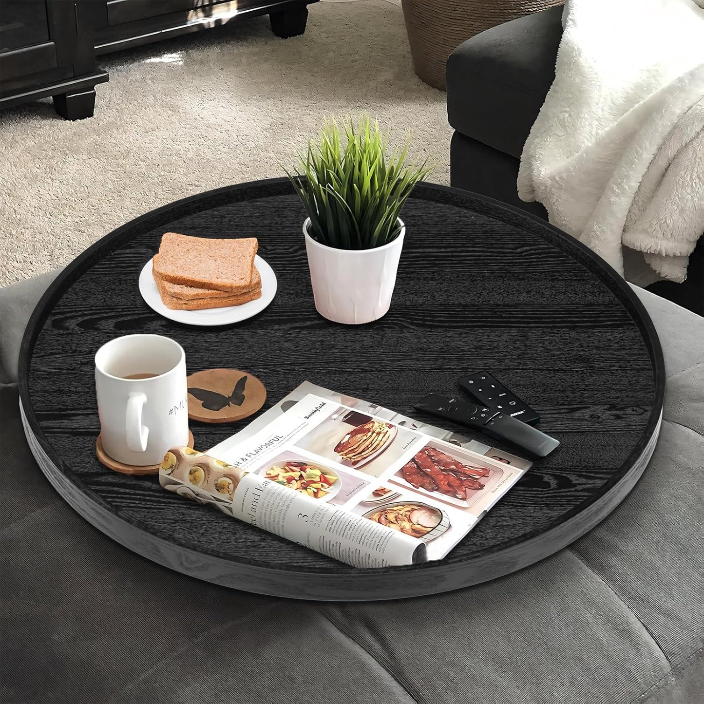 24 inch Round Solid Wood Serving Tray Extra Large Tea Coffee Snack Food Meals Serving Plate Non-Slip Kitchen Party Bar Server Ottoman Tray Breakfast Tray with Raised Edges Black
