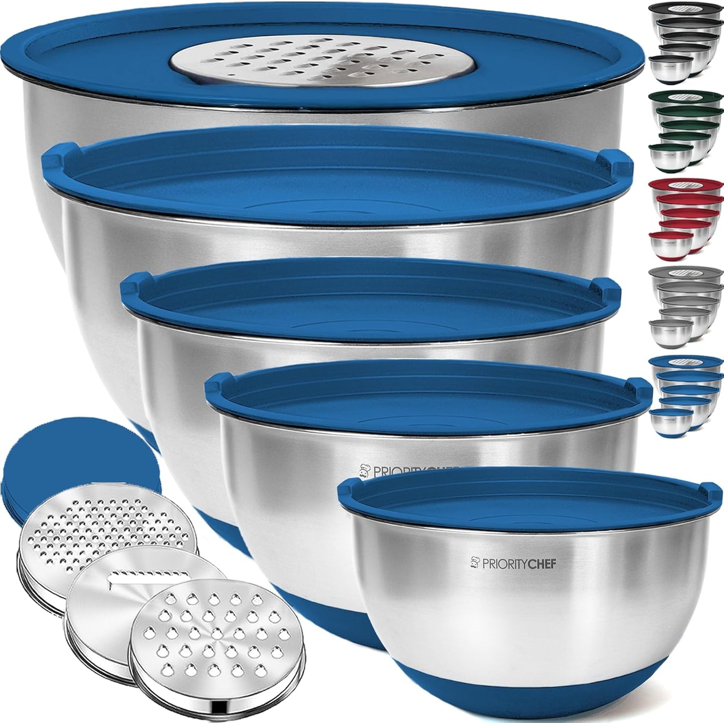 Priority Chef Stainless Steel Mixing Bowls with Lids Set, 3 Grater Attachments, Airtight Lids, Non-Slip Silicone Base Mixing Bowl Set, Large Prep Metal Mixing Bowls for Kitchen, Blue