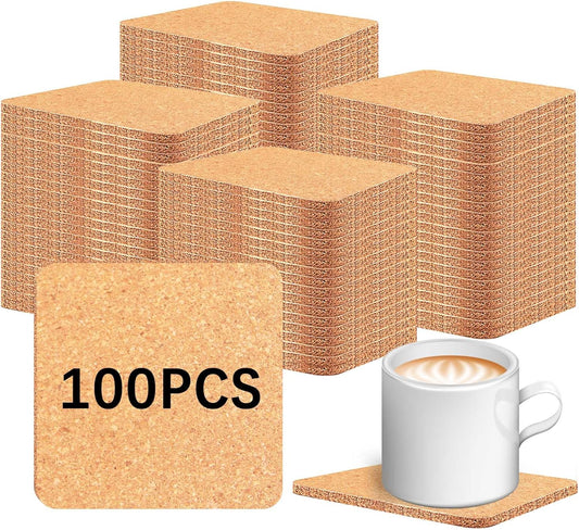 100 PCS Cork Coasters Bulk, Blank Square Cork Coasters DIY Crafts, Non-Slip Heat-Resistant Reusable Coffee Coaster, Suitable for Home Desktop Decoration