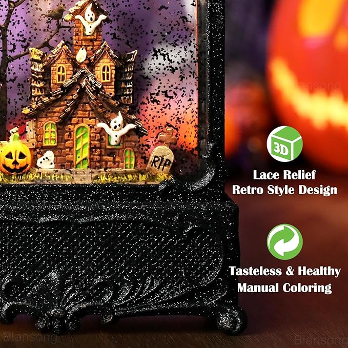 Halloween Snow Globe Lantern Ghost Snow Globe Halloween Decorations for Home Haunted House Pumpkin Ghost Tree Crow Rip Dancing Bats with Timer, USB and Battery Powered 12 inch