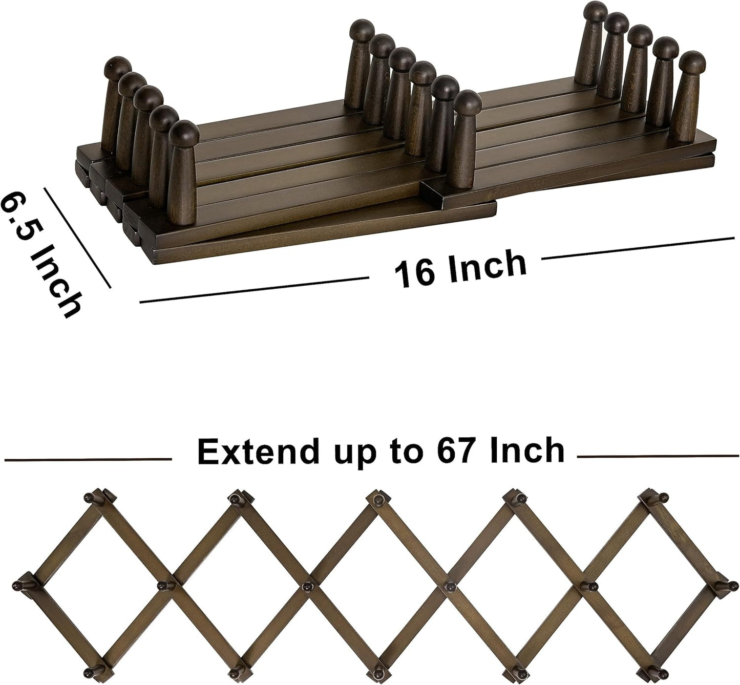 Dseap Accordion Wall Hanger:16'' High Wooden Wall Expandable Coat Rack,Hat Rack Holder,Accordion Hook for Baseball Caps,Coats,16 Peg Hooks,Dark Walnut