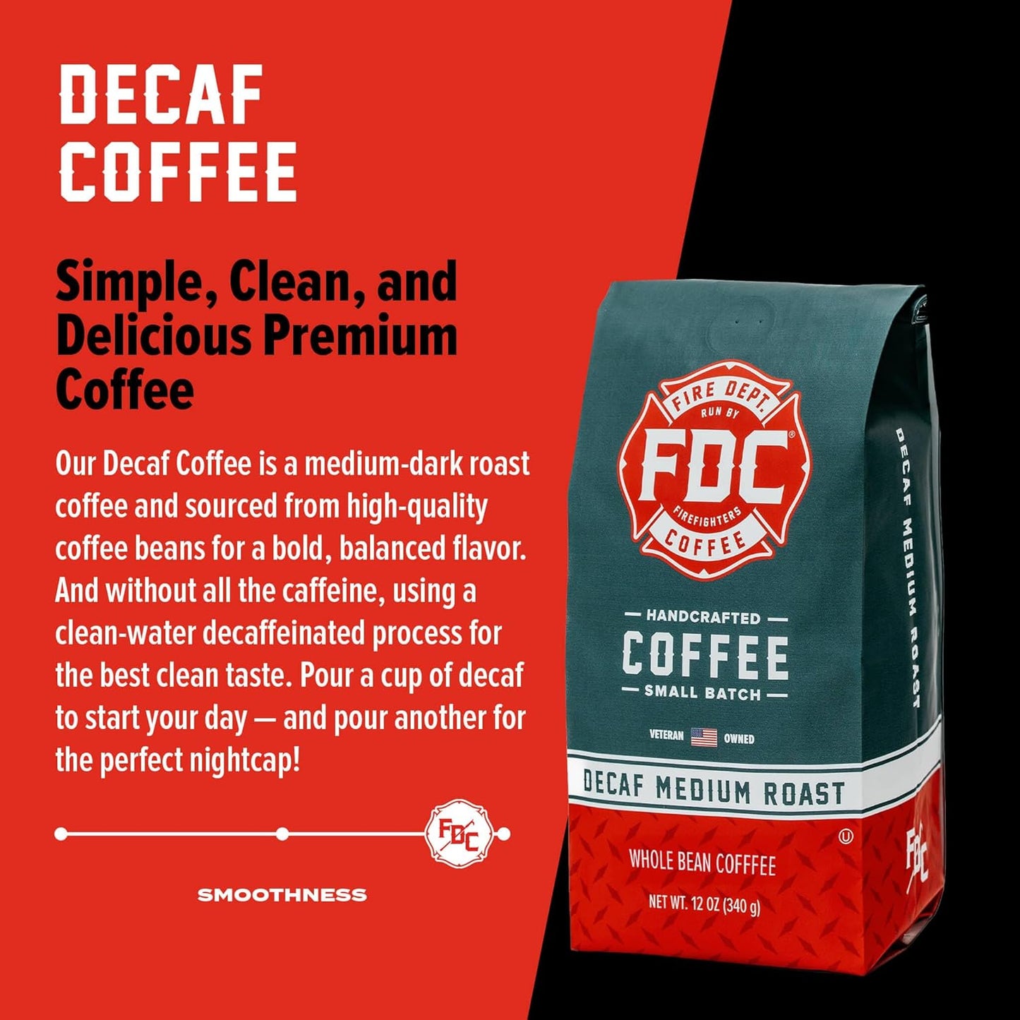 Fire Department Coffee - Gives Back to Firefighters - Premium Whole Bean Decaf Coffee - Roasted in the USA - Decaffeinated Using Natural Mountain Water - Veteran Owned -12 oz