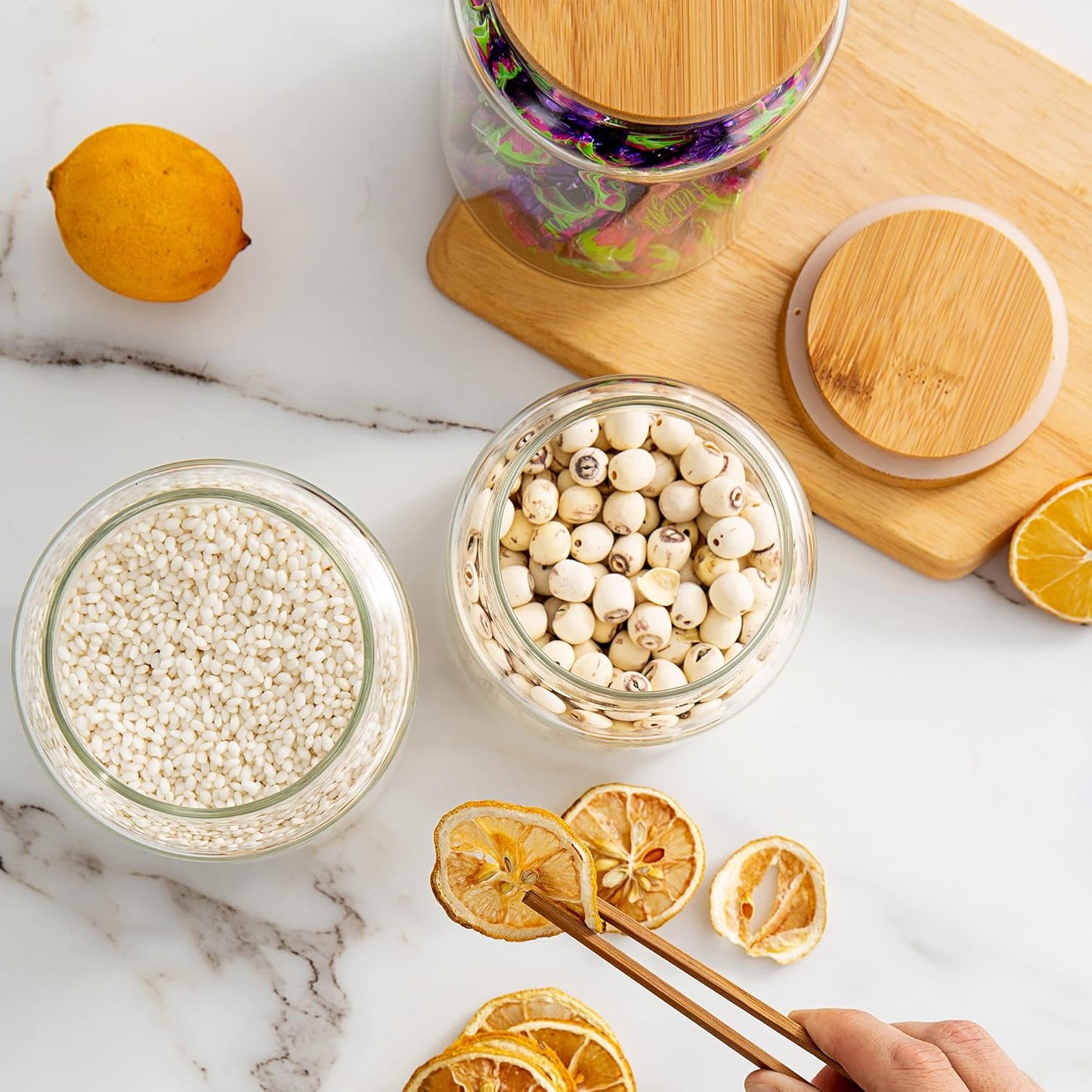 1200ML/42Oz Clear Cute Glass Storage Canister Holder with Airtight Bamboo Lid, Modern Decorative Large Container Jar for Coffee, Spice, Candy, Salt, Cookie, Condiment, Pepper, Sugar