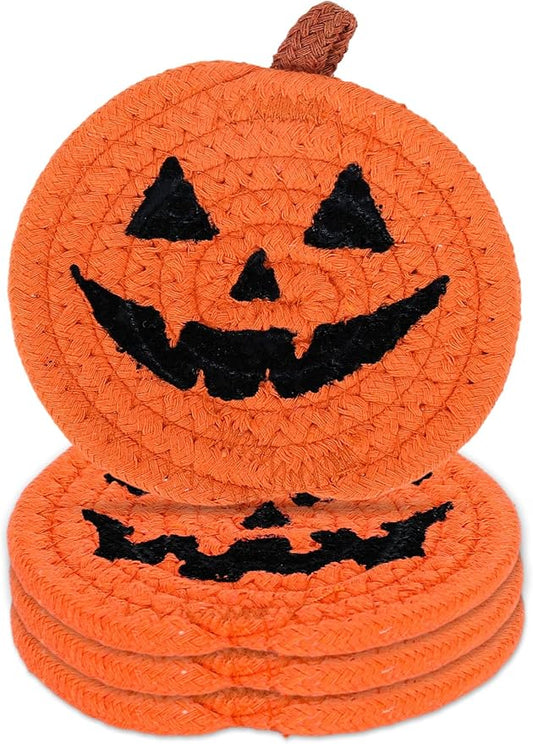 Whaline 4Pcs Halloween Pumpkin Handmade Braided Cotton Coasters Orange Black Pumpkin Shape Drink Coasters Absorbent Cup Coasters for Home Office Party Decor, 4.7 Inch