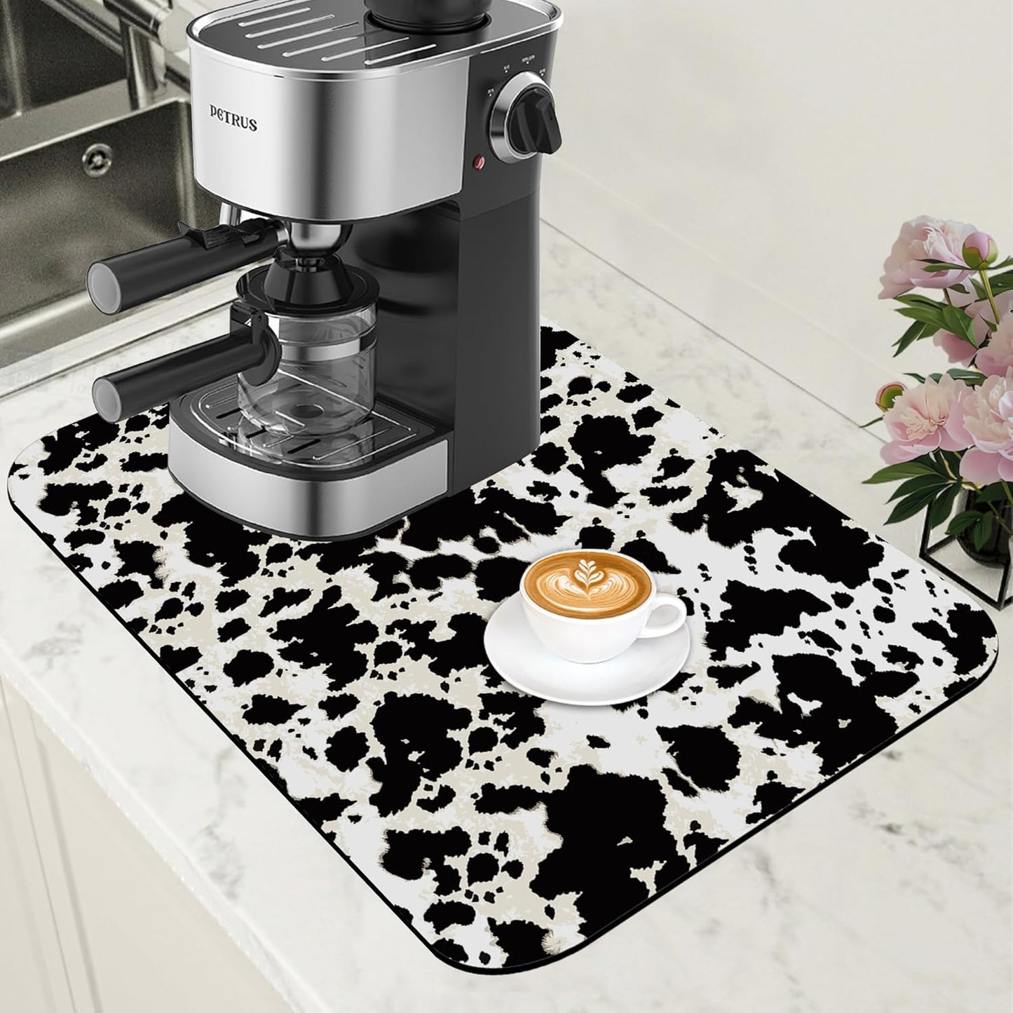 Dish Drying Mat Cow Print Coffee Bar Mat for Countertop Absorbent Hide Stain Rubber Backed Dish Drainer Rack Pad Espresso Machine Dining Room Decoration 11.8 x 19.7 Inch