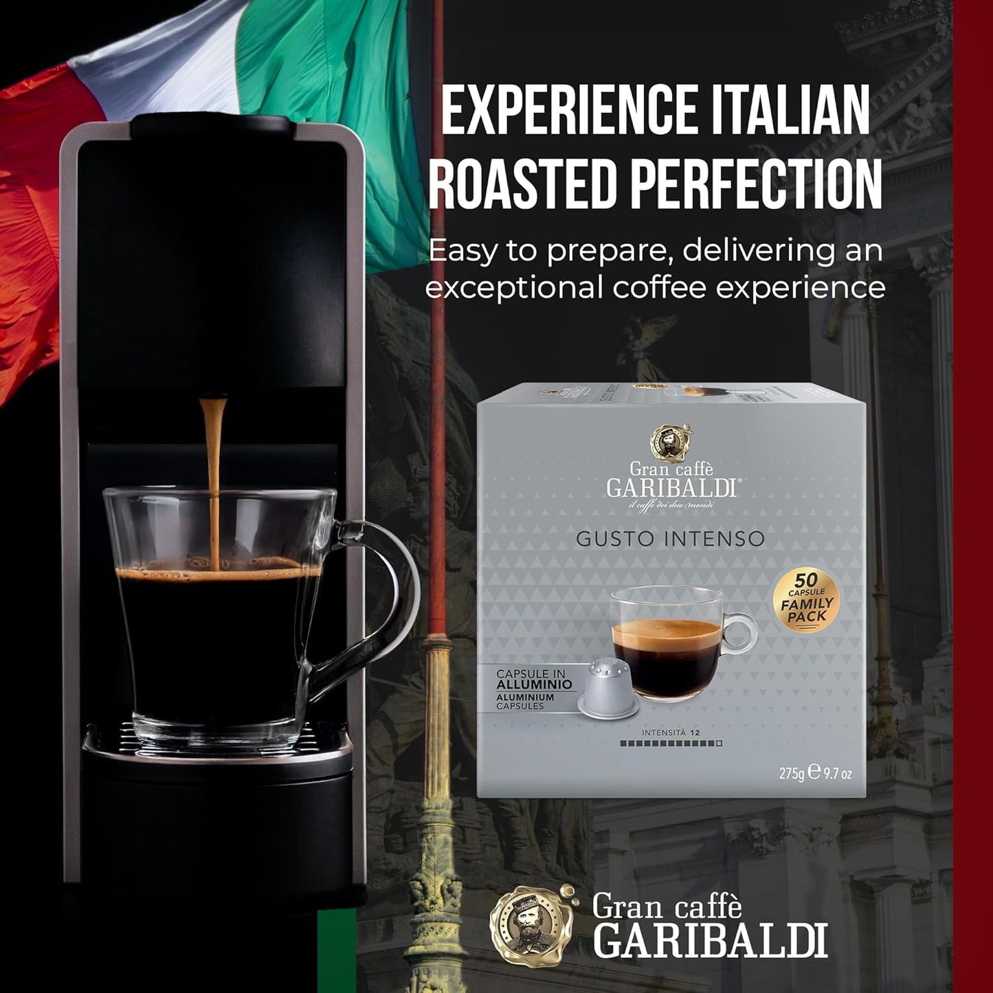 Gran Caffè Garibaldi Espresso Pods, Italian Roasted Coffee, Compatible Nespresso Original Line Machines, Nitrogen Flushed, Strong & Intense, Cocoa & Dried Fruit, Dark Roast - Gusto Intenso (Aluminum) 50 Cups