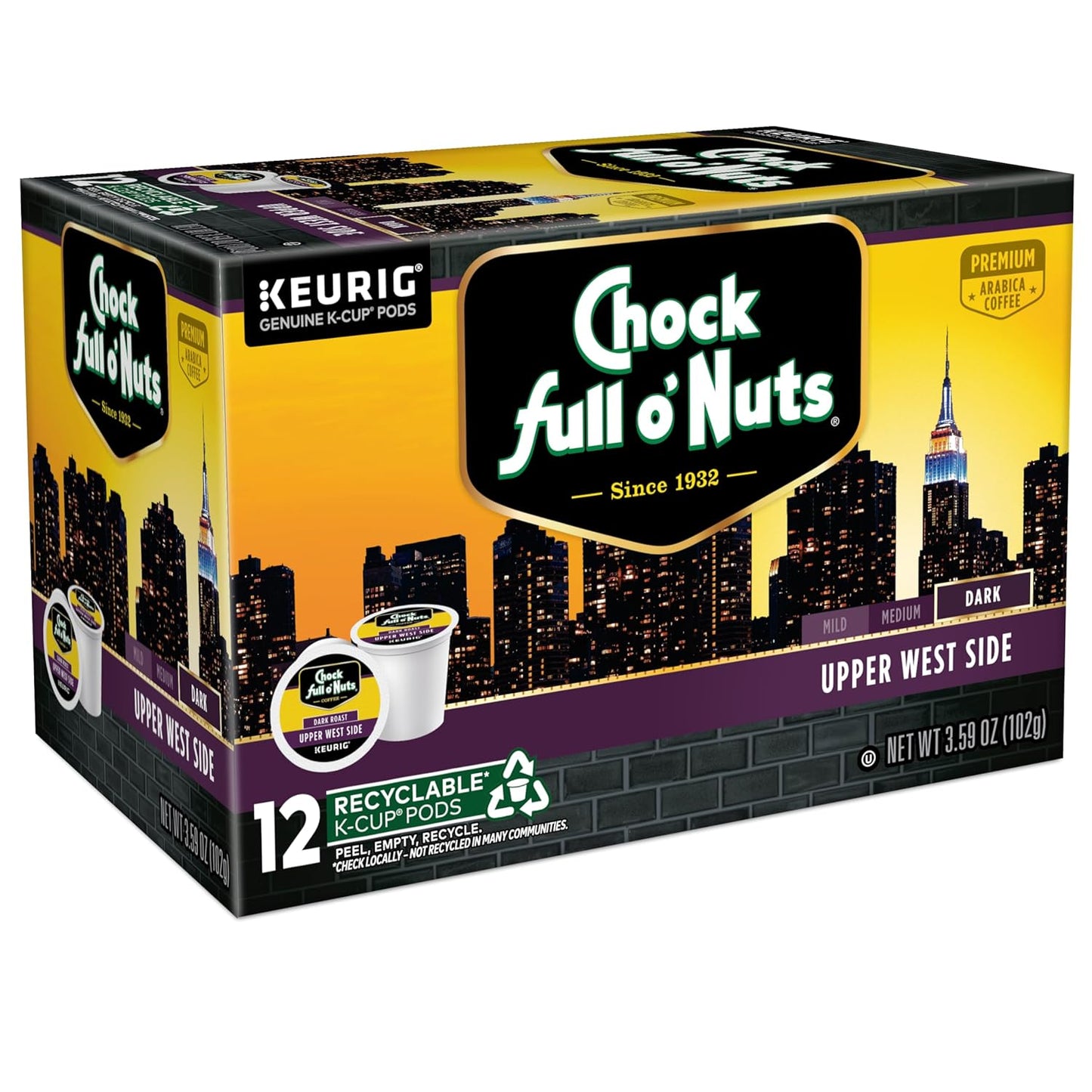 Chock Full o'Nuts Upper West Side Coffee, Dark Roast, Compatible with K-Cup Pods, 12 CT (Pack of 6)