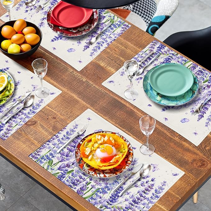 Lavender Placemats Set of 4 Purple Flower Butterfly Linen Fabric Table Mats Seasonal Spring Summer Rustic Floral Placemat Farmhouse Decorative Washable Place Mats for Home Kitchen Dining Table