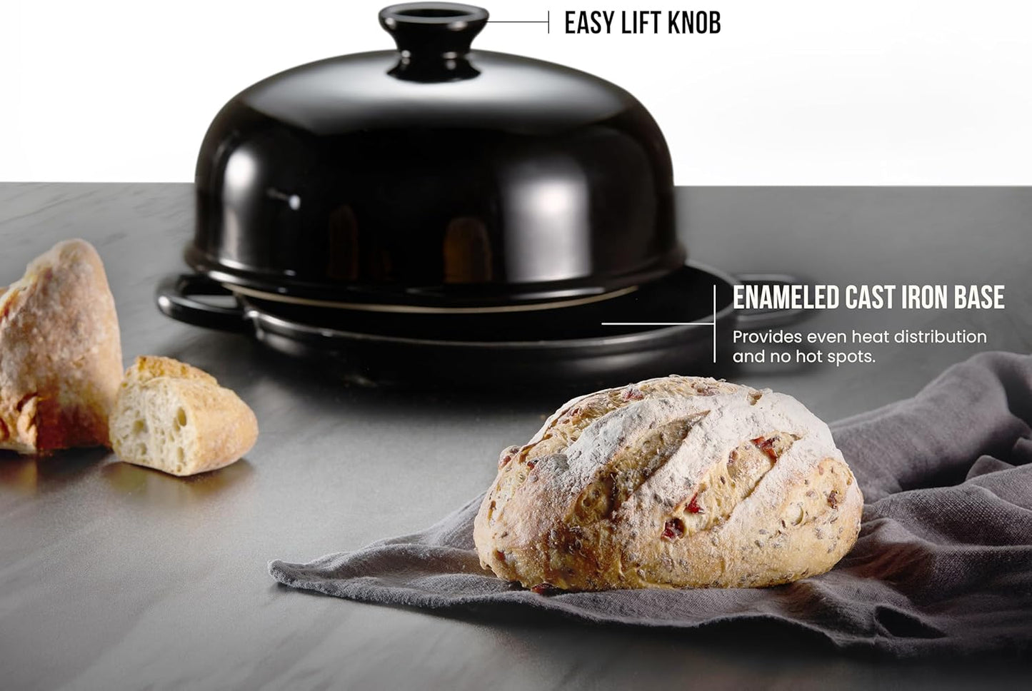 Kook Bread Oven, Sourdough Pan with Lid and Handles, Enameled Cast Iron Pan and Ceramic Lid, For Baking, Cooking, Roasting, Black
