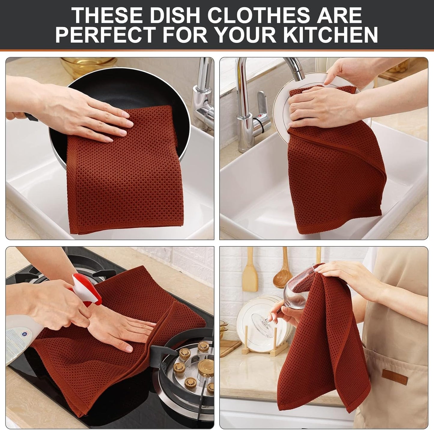 Kitinjoy 100% Cotton Waffle Weave Kitchen Towels, 6-Pack Super Soft and Absorbent Dish Towels for Drying Dishes, Kitchen Hand Towels, 13 in x 28 in, Rust