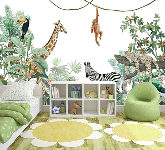 WFBHUA-Kids Safari Wallpaper Tropical Jungle Botanical Leaf Wall Mural for Nursery Boys Bedroom Girls Bedroom Playroom (Not Peel and Stick)