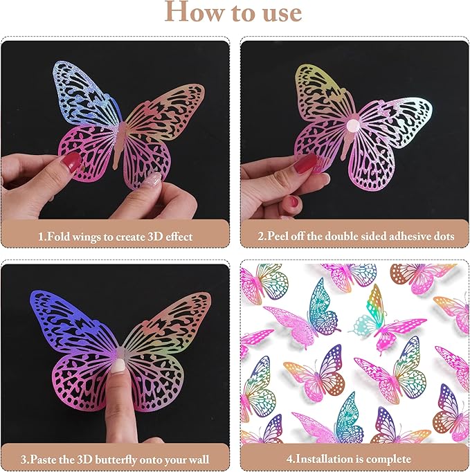 SAOROPEB 3D Butterfly Wall Decor 48 Pcs 4 Styles 3 Sizes, Purple Butterfly Decorations for Birthday Decorations Butterfly Party Decorations Cake Decorations, Removable Stickers (Laser Pinkpurple)