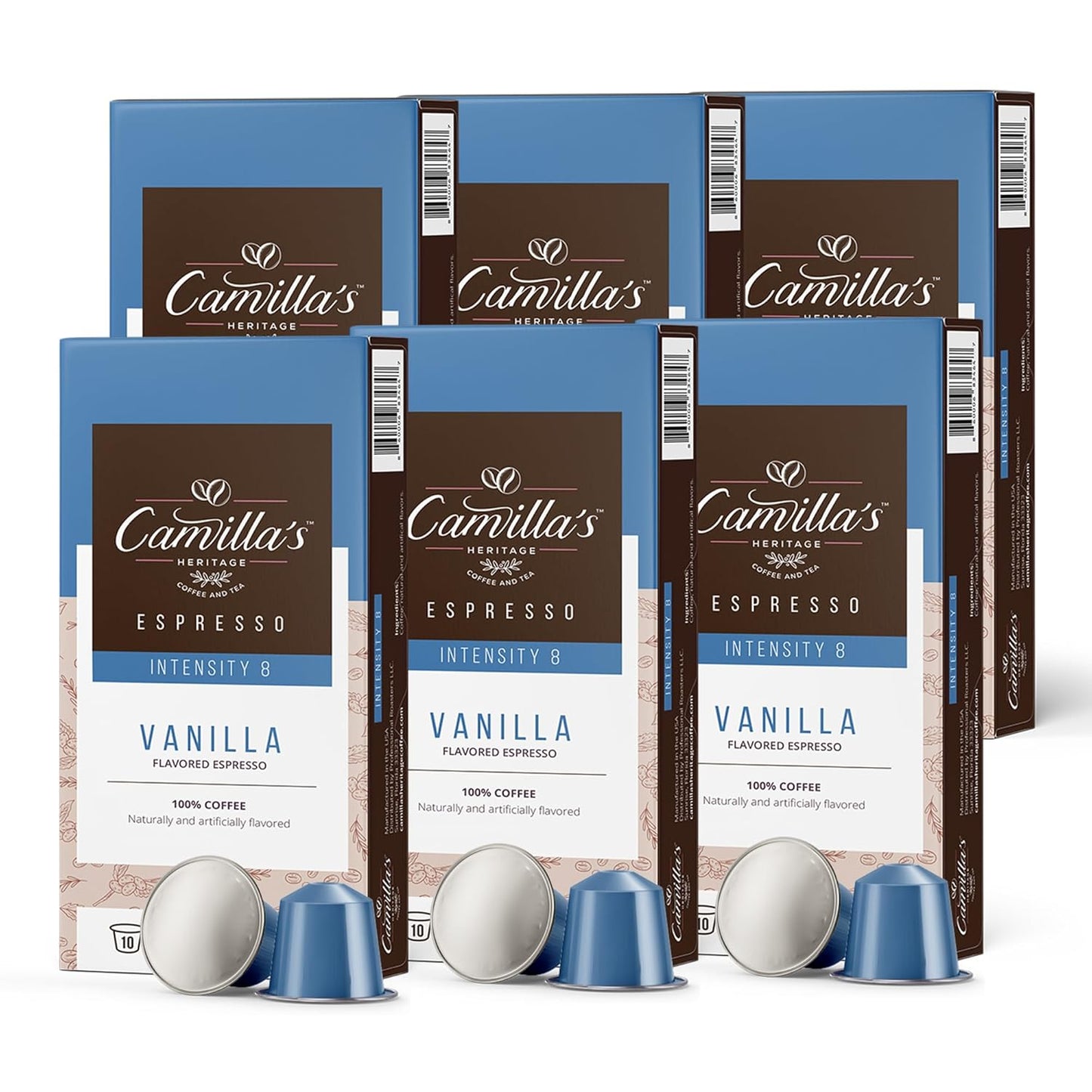 Camilla’s Heritage - Intensity 8 Vanilla Flavored Espresso Coffee, Gourmet Espresso Cups, 60 Coffee Pods