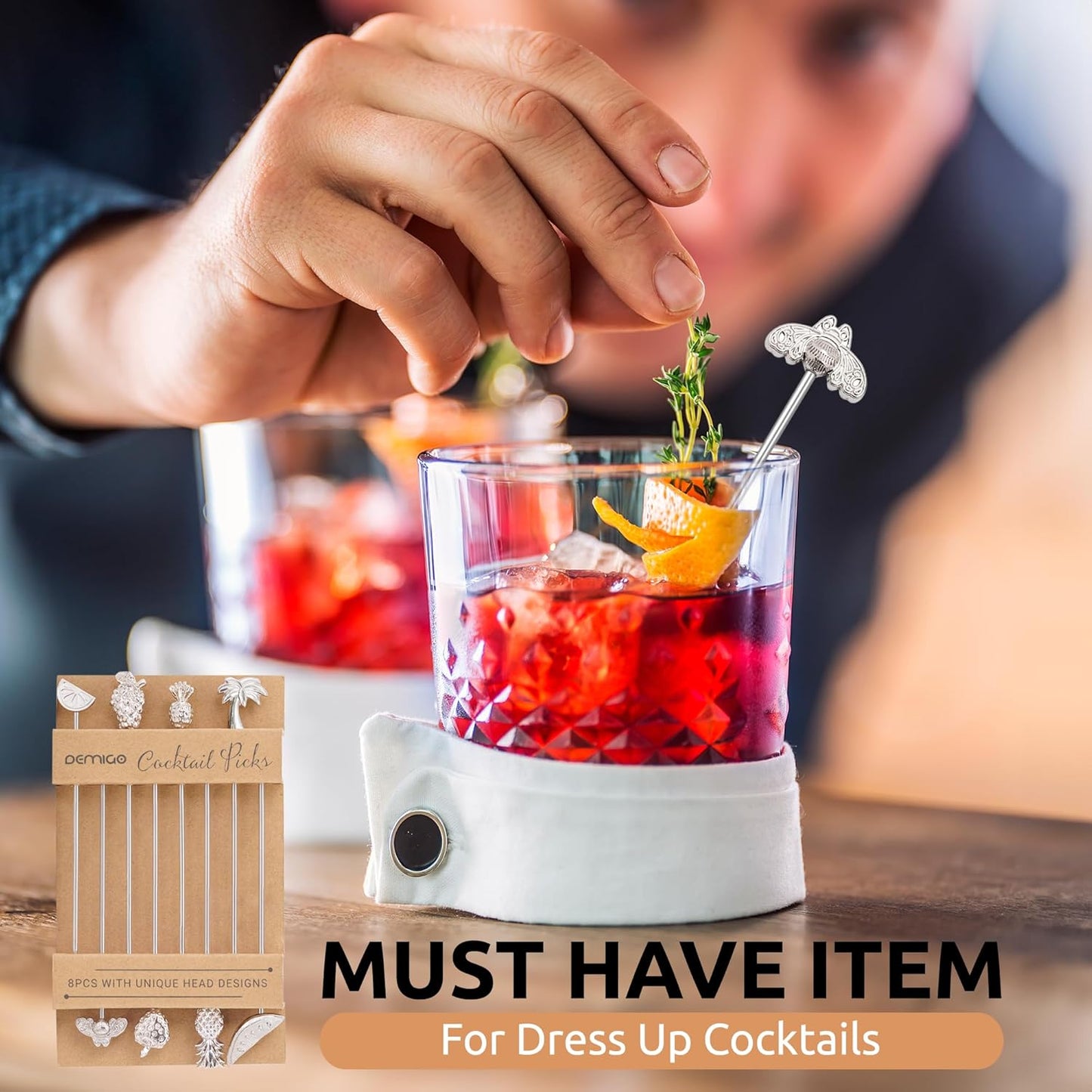 DEMIGO Fruit-Shaped Cocktail Picks, 8 Stainless Steel Reusable Skewers with Tropical Toppers - Olive Stuffers Martini Picks set Fruit Toothpicks Garnish Skewers Appetizer Drink Stick