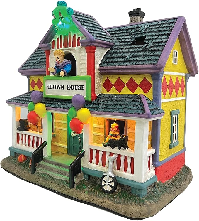 Clown Halloween Village | Spooky Town Collection Accessories Figurines on House | Porcelain with Multi-Color LED | 8.86 Inch
