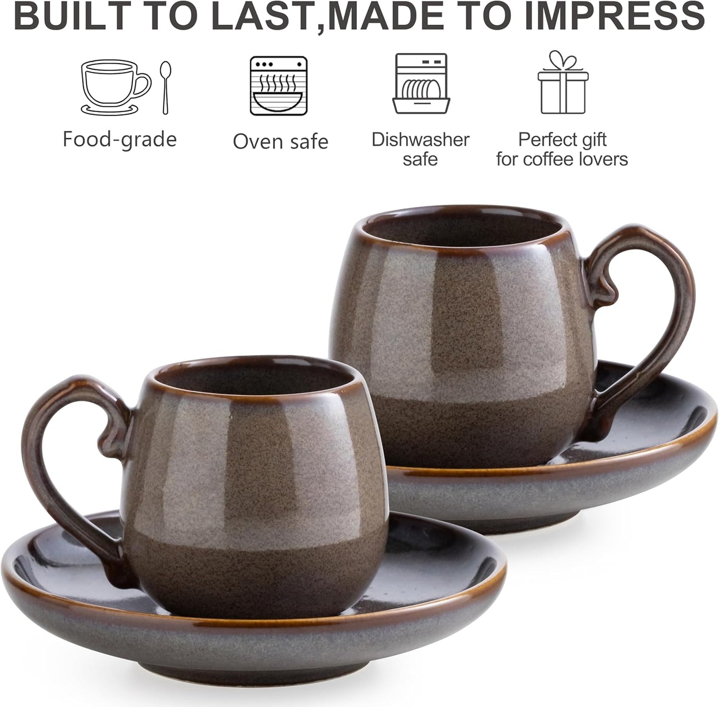 LYEOBOH 3 Ounce Espresso Cups and Saucers Set of 6, Ceramic Small Coffee Cups with Metal Holder and Spoons, Cute Demitasse Cups for Tea, Espresso, Latte, Cafe Mocha, Brown