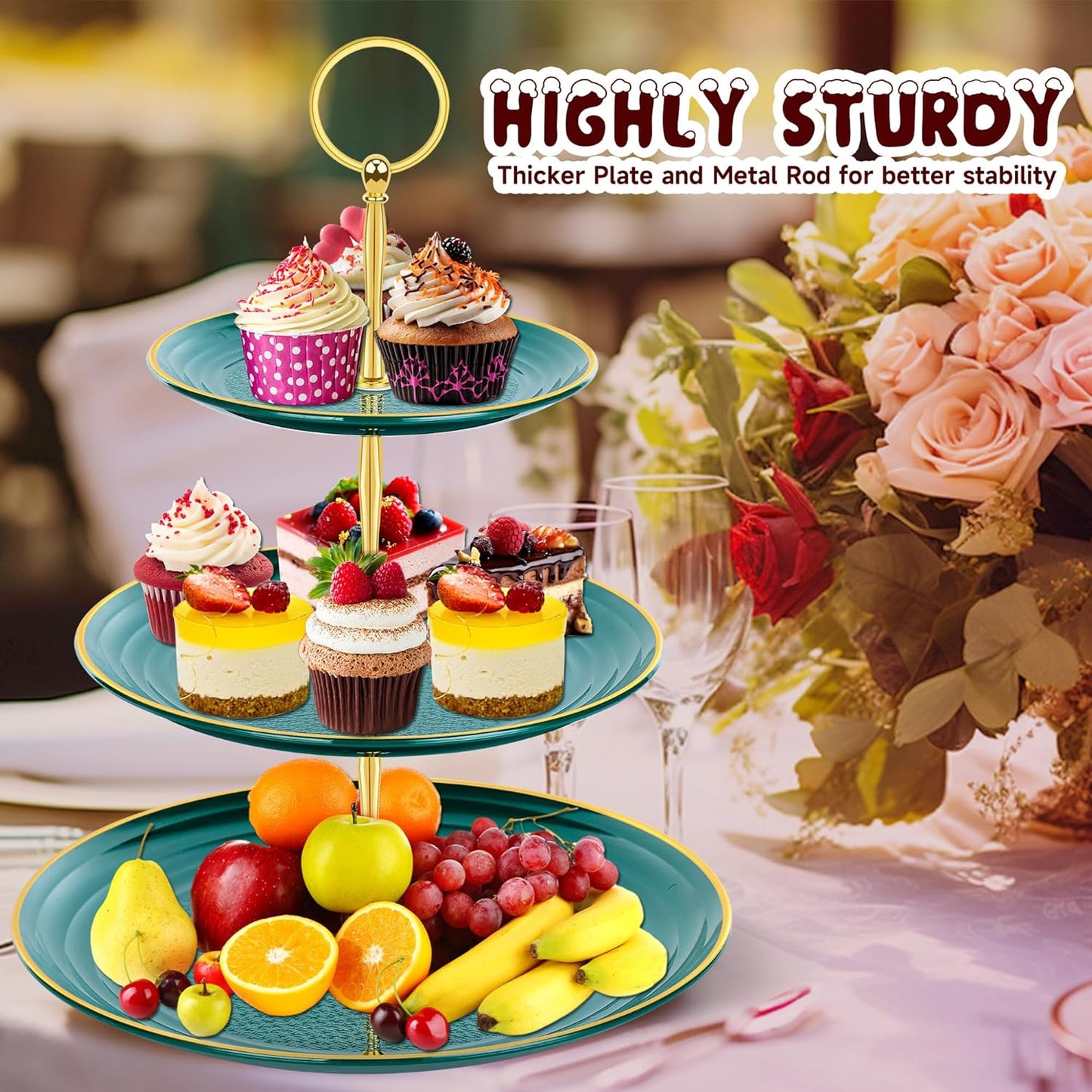 PinCute Cupcake Stand Holder - 3 Tier Cup Cake Dessert Stands, Plastic Tiered Serving Tray&Metal Rod for Birthday Party, Wedding, Tea Party, Baby Shower-Green