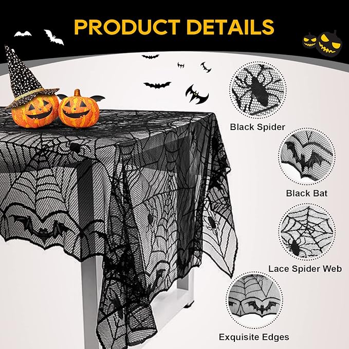 eZAKKA Halloween Table Cloth, Spider Web Table Cloth Black Tablecloth Lace Fabric Table Cloths Halloween Table Cover for Rectangle for Parties Gothic Spooky Home Decorations, 48x96 Inch